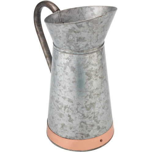 Vintage Galvanized Silver Metal Pitcher Vase w/ Copper Strip-MyGift
