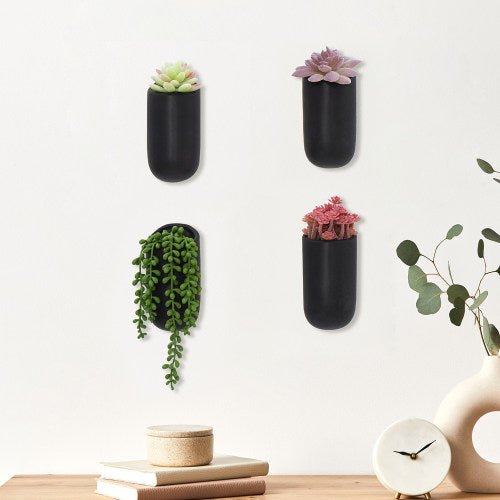 Set of 4, Matte Black Ceramic Wall Mounted Cylindrical Vertical Succulent Hanging Planter Flower Vase Pots-MyGift