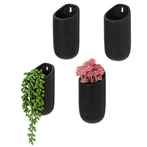 black ceramic hanging planter Matte Black Ceramic Wall Mounted Cylindrical Vertical Succulent Hanging Planter Flower Vase Pots, Set of 4