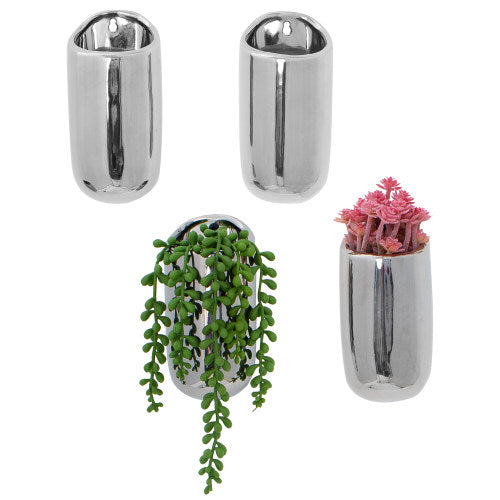 Metallic Silver Ceramic Wall Mounted Cylindrical Succulent Flower Vase Planter Pots, Set of 4