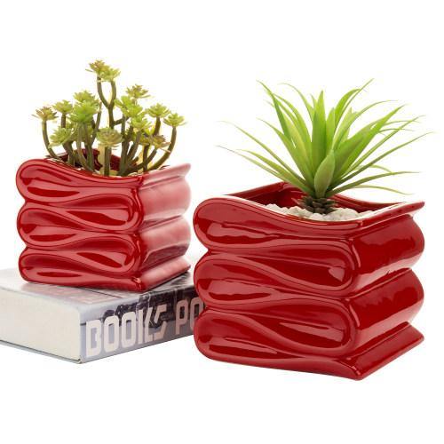 Red Ceramic Planter Pot w/ Folded Design Set of 2, Small and Large - MyGift