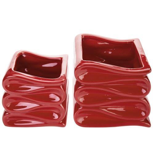 Red Ceramic Planter Pot w/ Folded Design Set of 2, Small and Large - MyGift