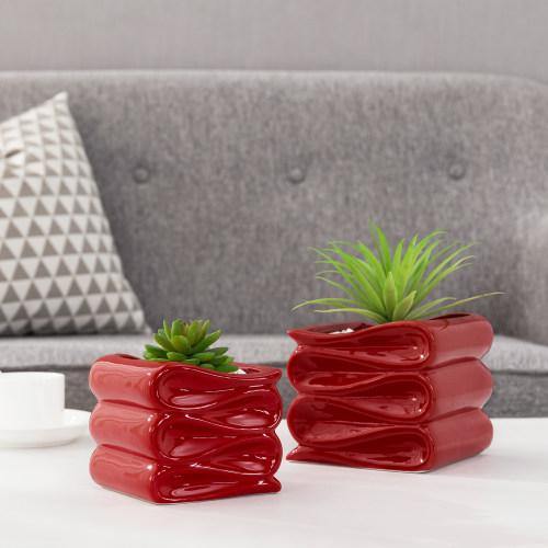 Red Ceramic Planter Pot w/ Folded Design Set of 2, Small and Large - MyGift