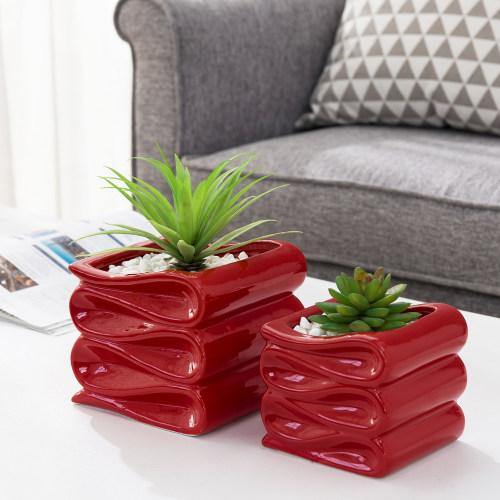 Red Ceramic Planter Pot w/ Folded Design Set of 2, Small and Large - MyGift