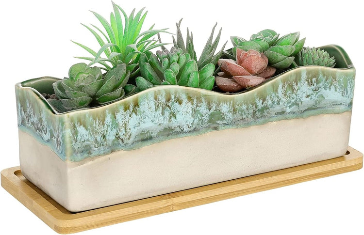 succulent tray planter Beige and Green Glazed Ceramic Succulent Planter w/ Bamboo Tray