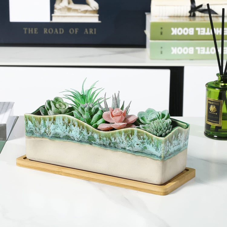 Beige and Green Glazed Ceramic Succulent Planter w/ Bamboo Tray-MyGift