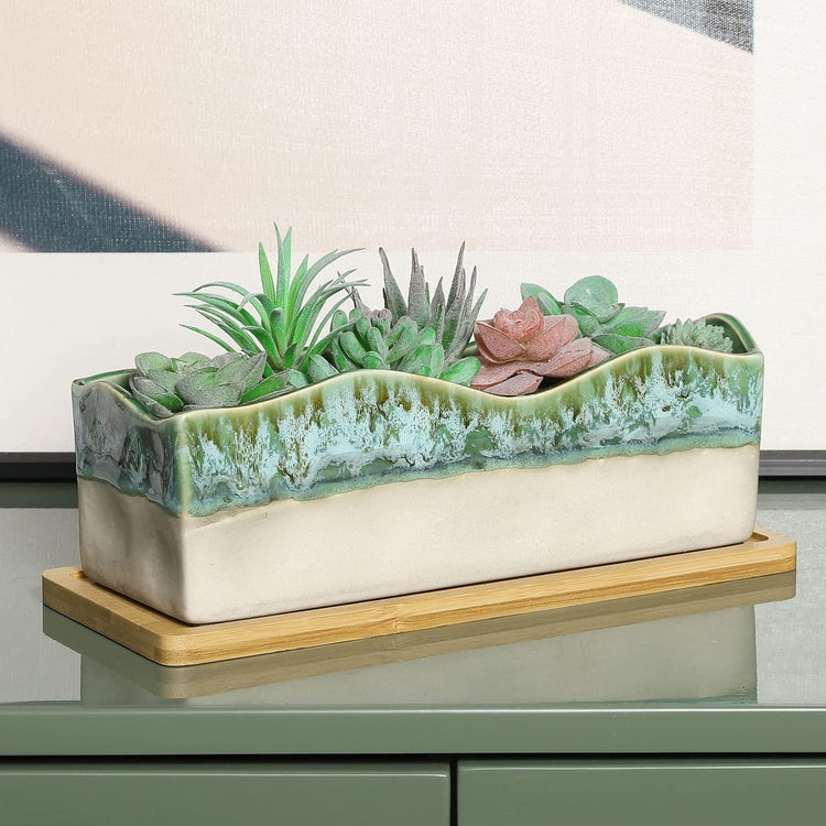 Beige and Green Glazed Ceramic Succulent Planter w/ Bamboo Tray-MyGift