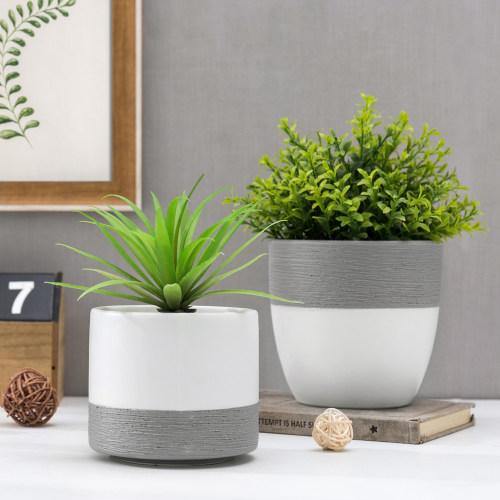 Matte White and Gray Textured Ceramic Planter, Round & Cylindrical, Set of 2
