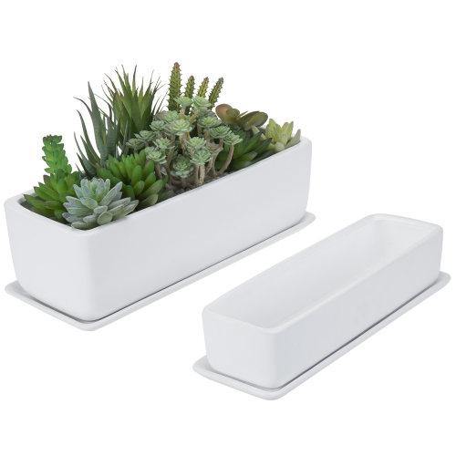 Rectangular Matte White Ceramic Succulent Planter, Set of 2 - MyGift