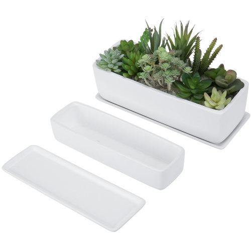 Rectangular Matte White Ceramic Succulent Planter, Set of 2 - MyGift