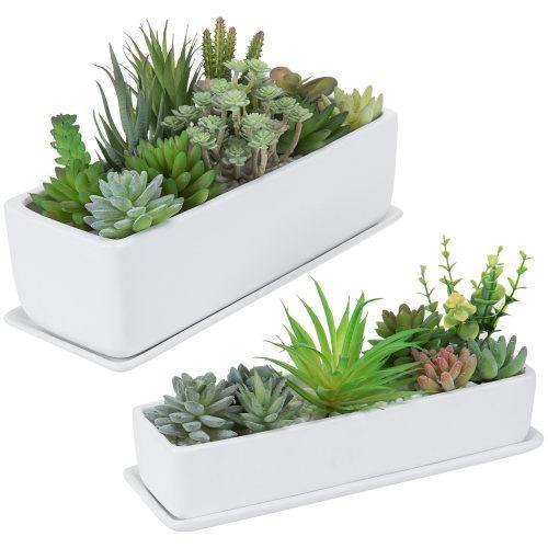 Rectangular Matte White Ceramic Succulent Planter, Set of 2 - MyGift