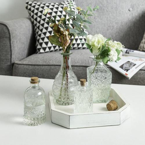 Vintage Embossed Glass Bottle Vases w/ Cork Lids, Set of 4