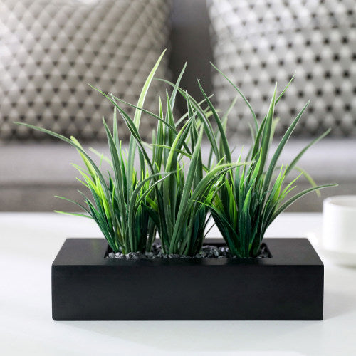 Artificial Green Grass Plants in Modern Black Wood Planter Pot-MyGift