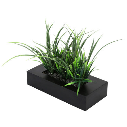 Artificial Green Grass Plants in Modern Black Wood Planter Pot-MyGift