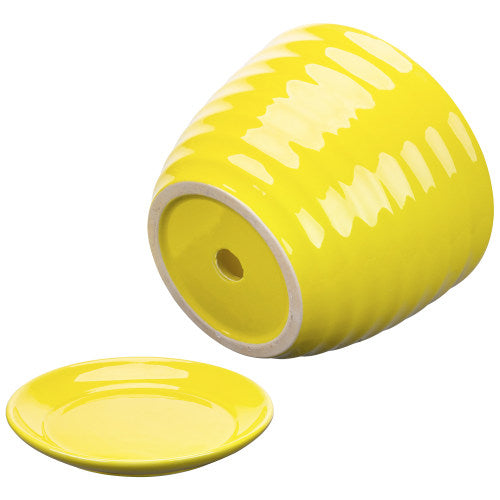 Yellow Ceramic Ribbed Design Flower Pot w/ Saucer-MyGift