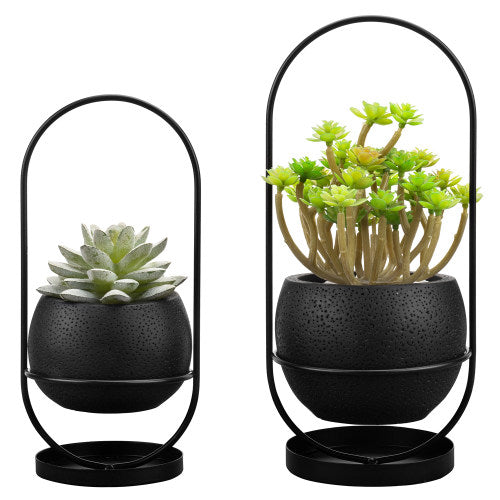 Black Concrete Succulent Planter w/ Matte Black Metal Wire Stand, Set of 2-MyGift