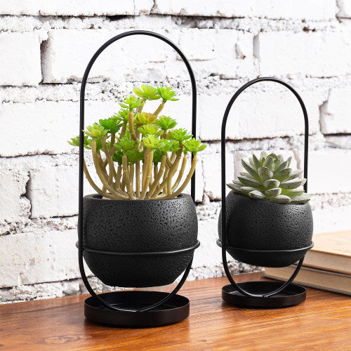 Black Concrete Succulent Planter w/ Matte Black Metal Wire Stand, Set of 2-MyGift