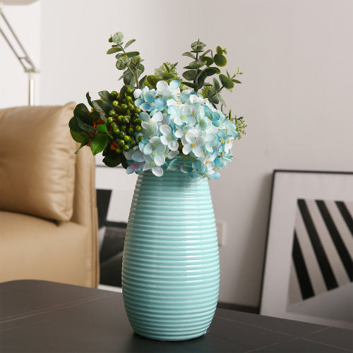 Modern Sky Blue Ribbed Ceramic Flower Vase-MyGift