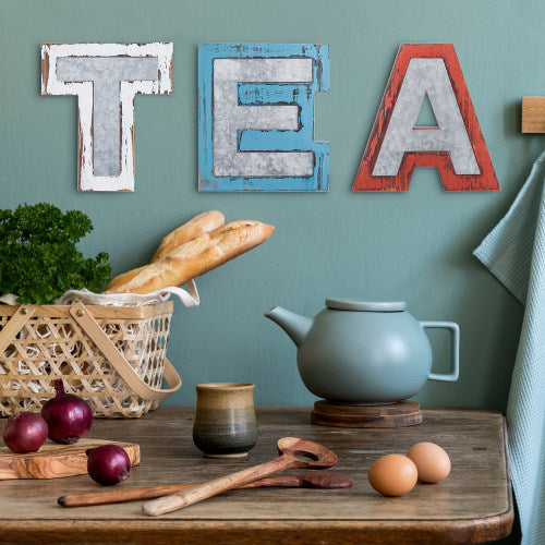 Decorative Letter EAT Wall Sign Kitchen Decor, Hanging Block Letters with Red, White and Blue Wood and Galvanized Metal