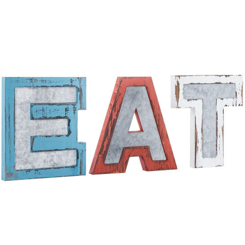 Decorative Letter EAT Wall Sign Kitchen Decor, Hanging Block Letters with Red, White and Blue Wood and Galvanized Metal-MyGift