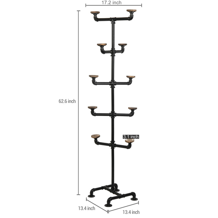 10-Hook Industrial Black Metal Pipe & Wood Hat Tree Stand-MyGift