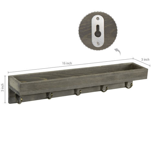 Vintage Gray Wood Floating Entryway Shelf w/ Key Hooks-MyGift