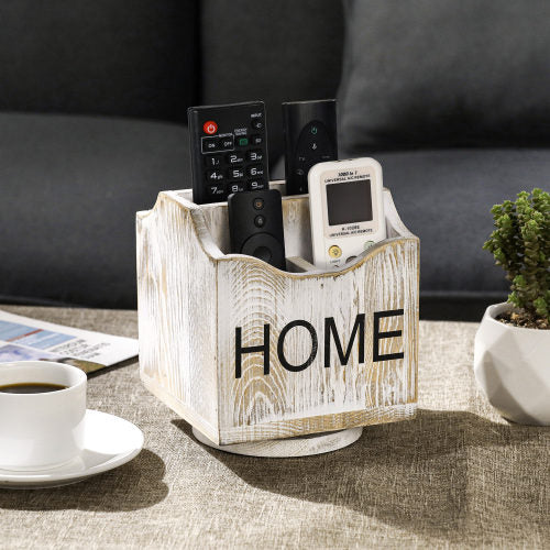 360-Degree Rotating Whitewashed Wood Remote Control Holder Caddy
