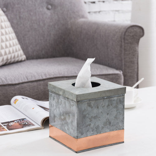 Galvanized Metal Square Tissue Box Cover w/ Copper Accent Strip