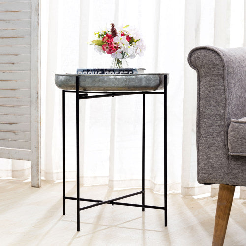Rustic Silver Galvanized Metal Tray End Table-MyGift