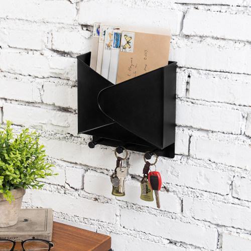 Industrial Style Black Metal Mail Organizer Rack with Hooks