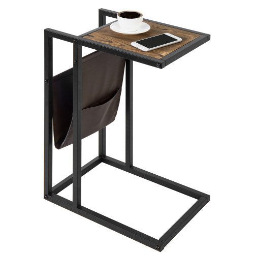 Burnt Wood and Black Metal C-Shaped Side Table w/ Leatherette Magazine Sling-MyGift
