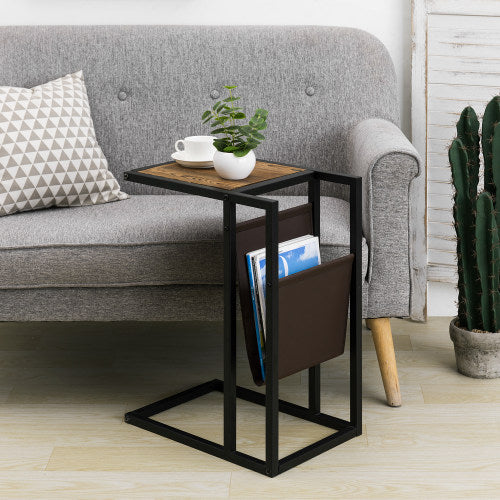 Burnt Wood & Black Metal C-Shaped Side Table w/ Leatherette Magazine Sling