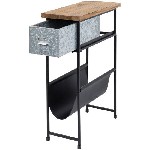 Rustic Burnt Wood and Black Metal Side Table w/ Silver Galvanized Drawer and Leatherette Magazine Holder-MyGift