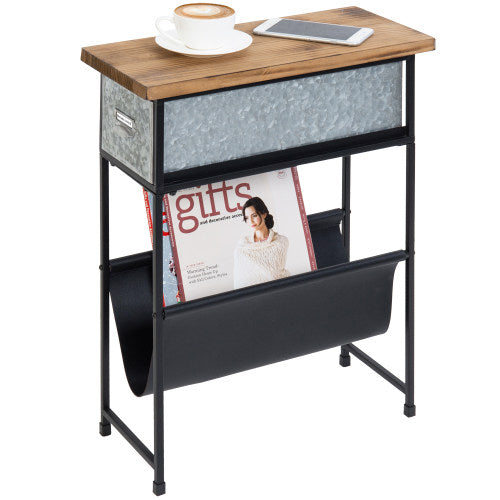 Rustic Burnt Wood and Black Metal Side Table w/ Silver Galvanized Drawer and Leatherette Magazine Holder-MyGift