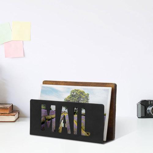 Burnt Wood and Black Metal Mail Sorter with Cutout Letters