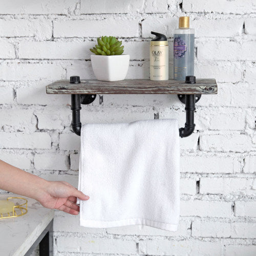 Torched Wood/ Industrial Pipe Bathroom Shelf Set w/ Towel Bar-MyGift