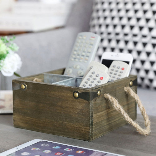 Reclaimed Style 4-Slot Wood & Galvanized Metal Remote Control Caddy