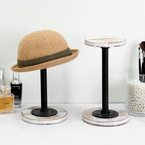 Industrial Metal Pipe & Whitewashed Wood Hat & Wig Display, Set of 2