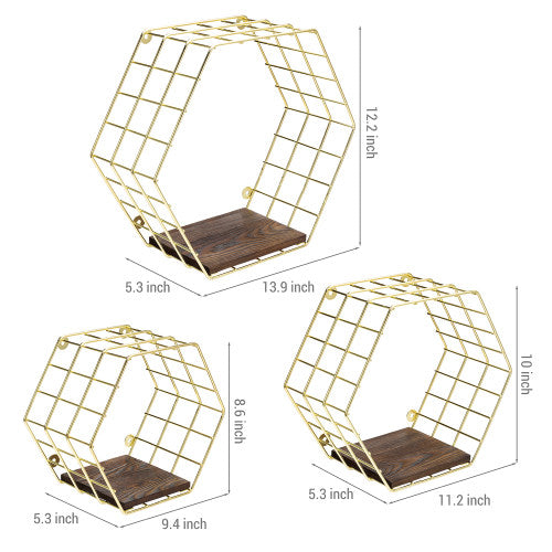 Brass Tone Metal Wire & Burnt Wood Hexagon Display Shelves, Set of 3-MyGift