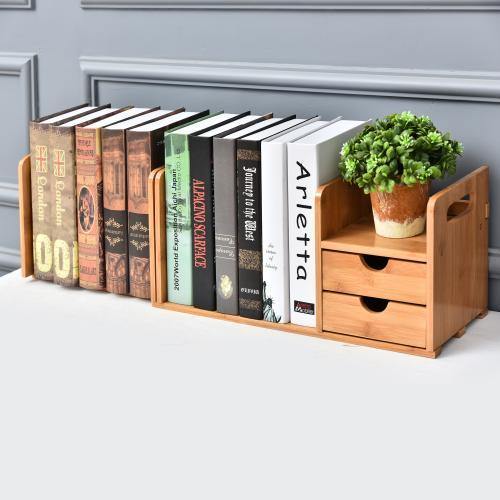 Natural Bamboo Desk Organizer w/ Bookshelf and Drawers