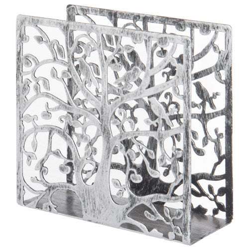 Distressed Silver Tone Tree & Bird Design Napkin Holder-MyGift