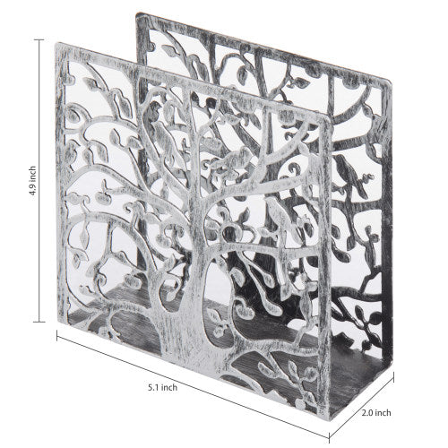 Distressed Silver Tone Tree & Bird Design Napkin Holder-MyGift