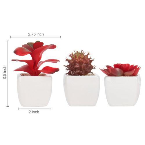 Miniature Red Artificial Succulent in Ceramic Pots, Set of 3 - MyGift