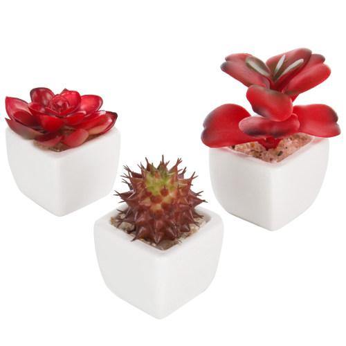 Miniature Red Artificial Succulent in Ceramic Pots, Set of 3 - MyGift