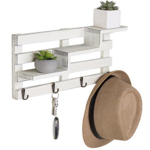 Vintage White Wood Entryway Shelf w/ Key Hooks - MyGift