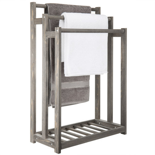 Gray Wood 3-Bar Towel Rack w/ Bottom Shelf-MyGift