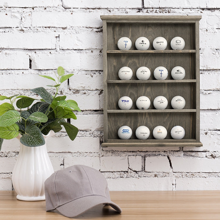 4-Tier Gray Wood Wall Mounted or Tabletop Golf Ball Display Case, Ball Holder Shelf Rack-MyGift