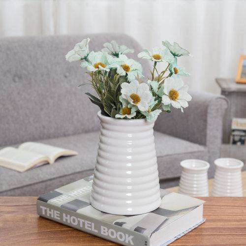 Small Ribbed Design White Ceramic Vase - MyGift