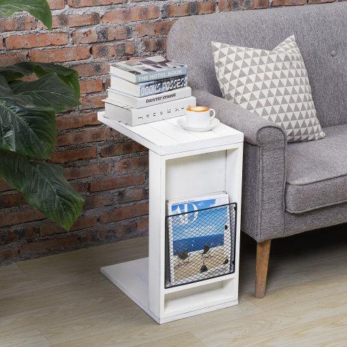 Vintage White C-Table with Metal Wire Magazine Holder