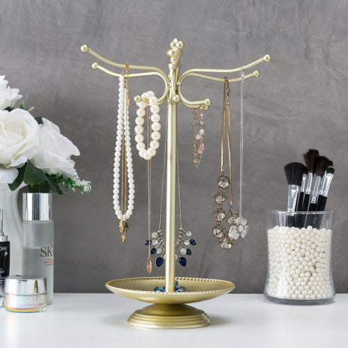 Brass-Tone Metal Jewelry Organizer Rack w/ Ring Tray